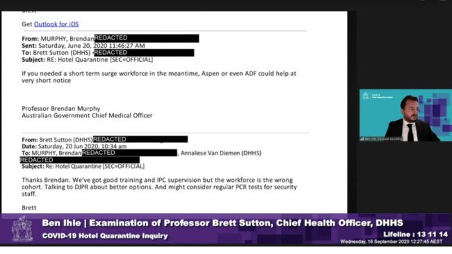 The email in which Brendan Murphy offered to help, and Prof Sutton said the ‘workforce is the wrong cohort’. Picture: Supplied