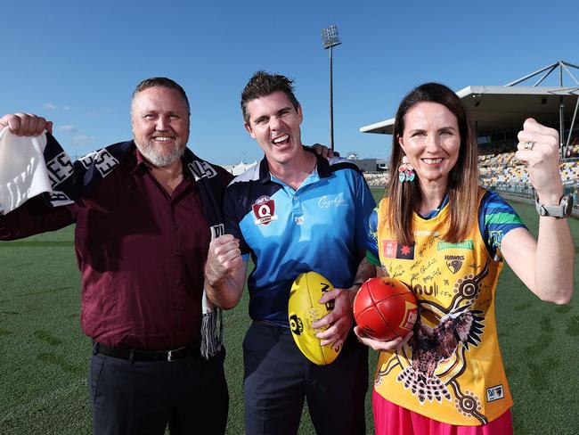 Cairns Regional Council and AFL Cairns has set an ambitious plan to host the inaugural AFL Women's gather round at Cazalys Stadium. Cairns deputy mayor Brett Olds, AFL Cairns general manager Craig Lees and mayor Amy Eden want to mimic the success of the AFL's Gather Round by hosting an entire round of the AFL Women's premiership at Cazalys Stadium. Picture: Brendan Radke