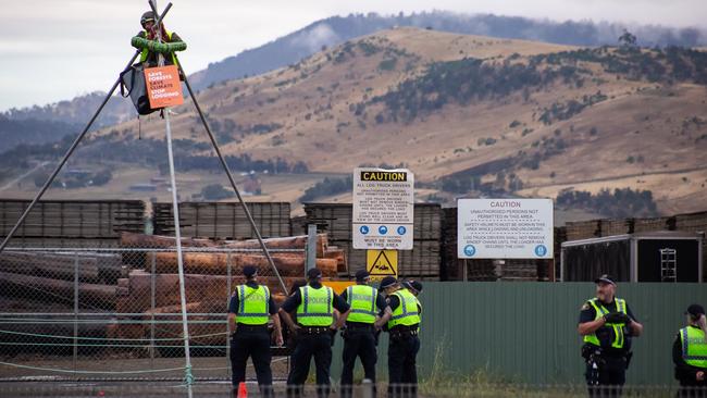 As the Bob Brown Foundation's protest at McKay sawmill in Brighton, eight 'Forest Defenders' were arrested. Picture: Bob Brown Foundation