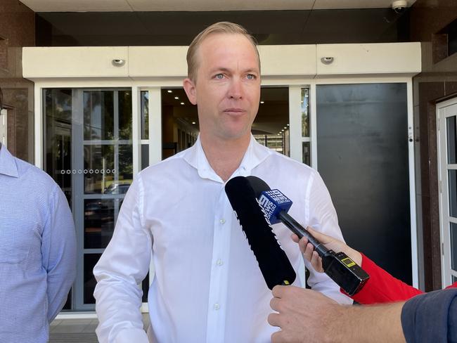 Former Darwin Turf Club board member Damien Moriarty speaks outside the Supreme Court after Justice Judith Kelly handed down her ruling on his challenge to findings of the Independent Commission Against Corruption. Picture: News Corp Australia