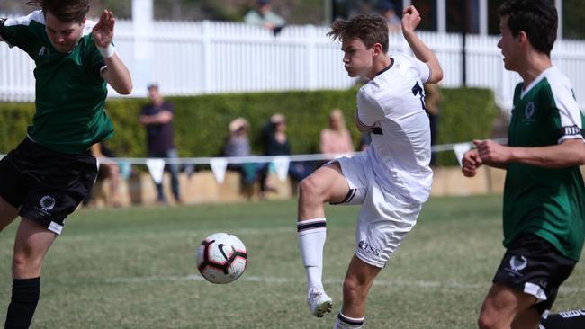 The Southport School against Brisbane Boys College in the GPS First XI Football premiership at BBC in 2020. Picture: TSS