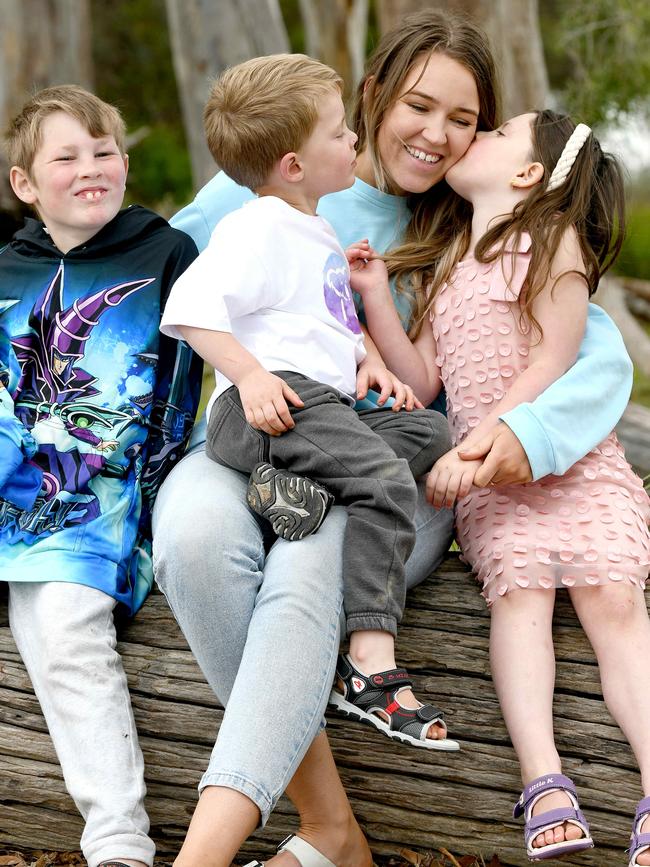 Hudson, 7, Holly, 6, and Austin, 4 all have a rare genetic disorder called Niemann-Pick Type C. The terminal illness falls under the umbrella of childhood dementia. Picture: Naomi Jellicoe