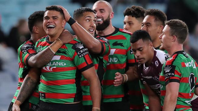 SYDNEY, AUSTRALIA – AUGUST 22: Latrell Mitchell of the Rabbitohs celebrates after scoring a try during the round 15 NRL match between the South Sydney Rabbitohs and the Manly Sea Eagles at ANZ Stadium on August 22, 2020 in Sydney, Australia. (Photo by Matt King/Getty Images)