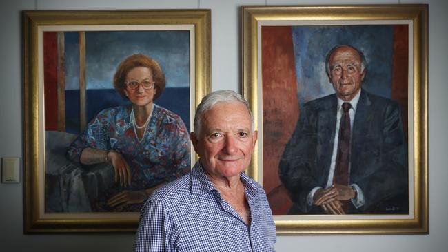 Former NSW Liberal premier Nick Greiner with portraits of his parents Nick and Clare, who migrated from Hungary to Australia. Picture: John Feder