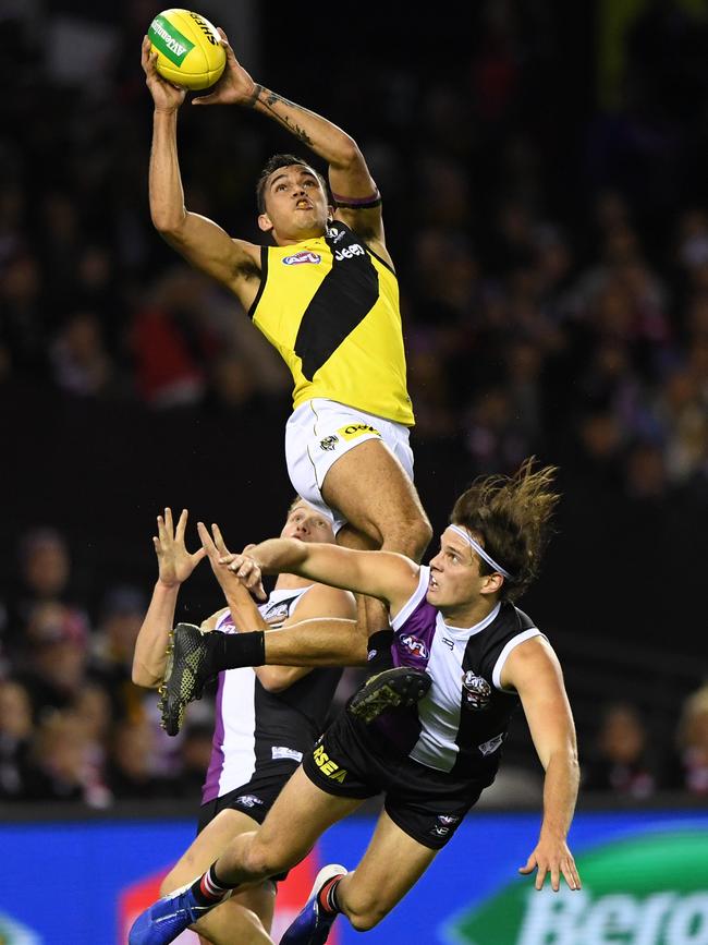 Sydney Stack flies for a spectacular mark against the Saints. Picture: AAP