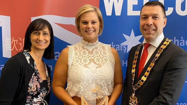 Campbelltown Council general manager Lindy Deitz, Campbelltown Citizen of the Year 2020 Emma Macfarlane and Campbelltown Mayor George Brtcevic.