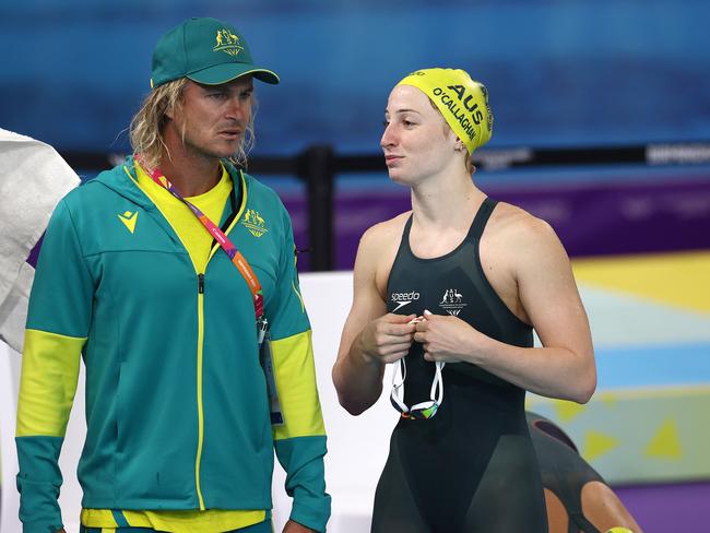 Australian swimmer Mollie O'Callaghan talks with coach Dean Boxall. Picture: Michael Klein