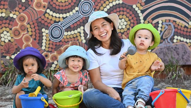 Sturt Street Community Child Care Centre has been rated among SA’s best, according to industry data. Caliana, Riley, Educator Ike Herwidi and Johan. Picture: Keryn Stevens