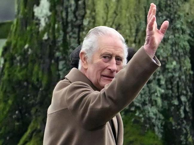 Britain's King Charles III and Britain's Queen Camilla (hidden) arrive at St Mary Magdalene Church on the Sandringham Estate in eastern England on February 11, 2024. Britain's King Charles III on Saturday expressed his "heartfelt thanks" to well-wishers, in his first statement since his shock announcement that he has cancer. (Photo by JUSTIN TALLIS / AFP)