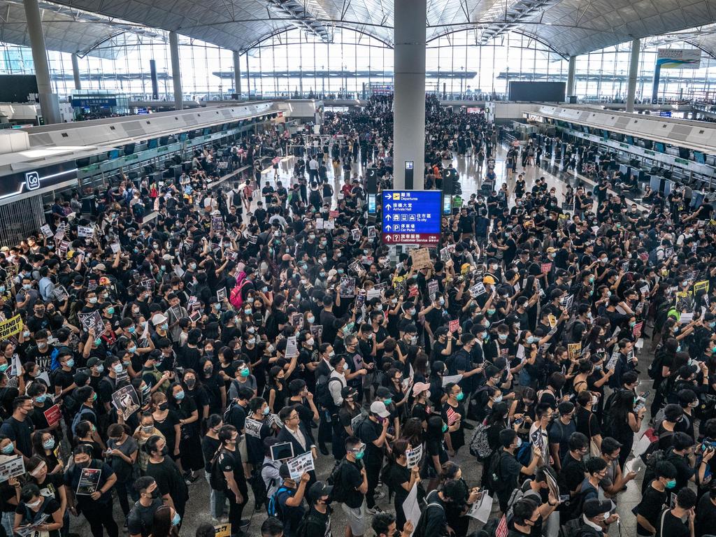 Protesters occupy the departure hall of the Hong Kong International Airport during a demonstration. Picture: Anthony Kwan/Getty Images