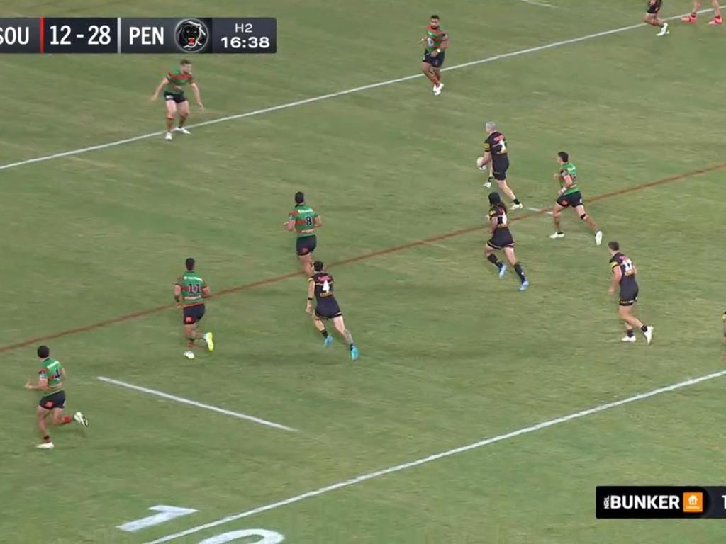 Only one Rabbitohs player made it back onside for Taylan May’s try during Thursday’s shellacking at the hands of Penrith.