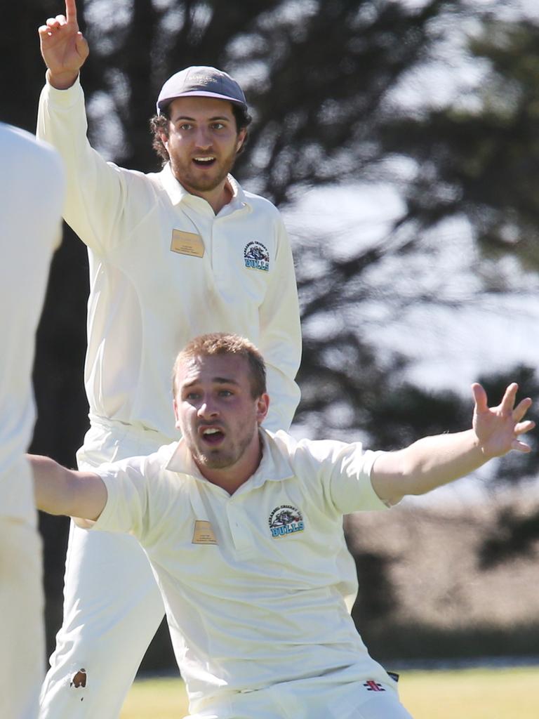 Barrabool bowler Finn Peel pleads for the wicket of Jan Juc batter Jack Taylor. Picture: Mark Wilson