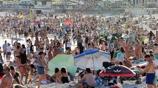 Beachgoers at Bondi Beach despite the threat of coronavirus in Sydney on Friday. Picture: AAP