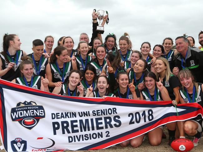 The Donvale team celebrate with the trophy after ER Women's Footy (Div 2 GF): Donvale v Blackburn on Sunday, September 9, 2018, in Lilydale, Victoria, Australia. Picture: Hamish Blair