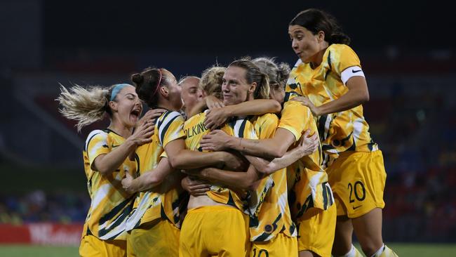 The Matildas celebrate her goal during the Olympics play-off match against Vietnam in March. Picture: Ashley Feder/Getty Images