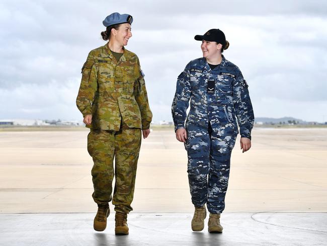 Army Private Chantal Conduit (16 Aviation Brigade) and Air Force Leading Aircraftswoman Bernadette Crompton (27 Squadron). Picture: Shae Beplate.