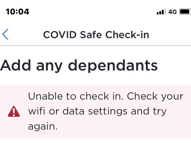 The message Byron Bay residents were receiving when trying to check in at venues on the Service NSW app on Tuesday, August 10, 2021.