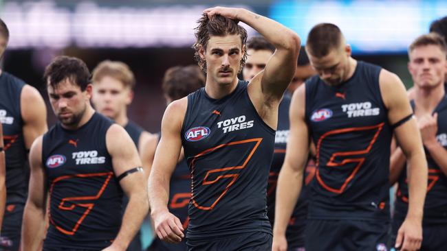 SYDNEY, AUSTRALIA - MAY 04:  James Peatling of the Giants and team mates look dejected after the round eight AFL match between Sydney Swans and Greater Western Sydney Giants at SCG, on May 04, 2024, in Sydney, Australia. (Photo by Matt King/AFL Photos/via Getty Images )