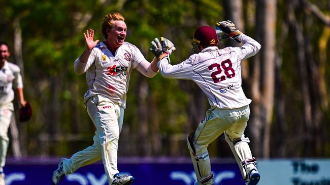 Palmerston captain Hamish White celebrating a wicket during the A-grade DDCC grand final against Waratah. Picture: Cricket NT.