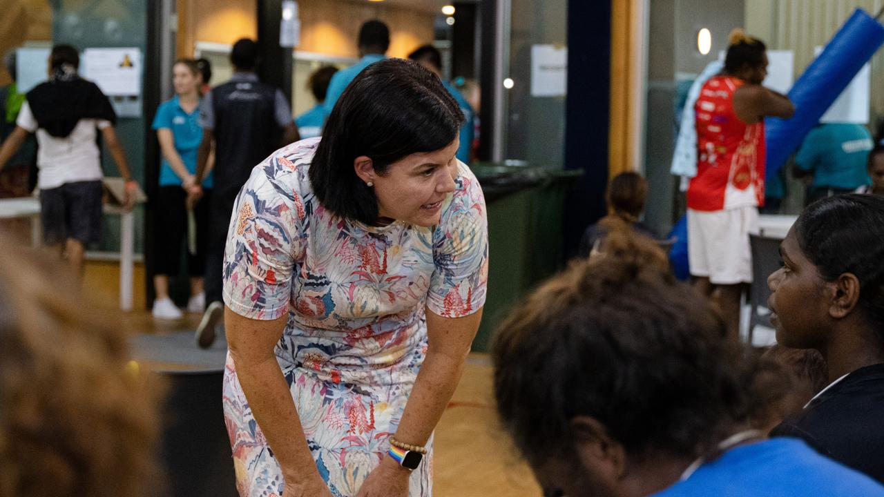 Chief Minister Natasha Fyles speaks to flood-impacted residents at Howard Springs facility near Darwin. Picture: Pema Tamang