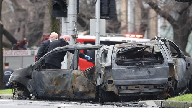 The wrecked car. Picture: David Crosling