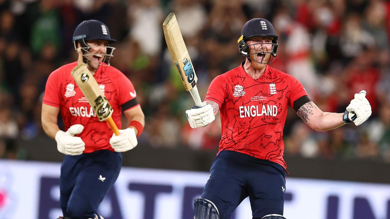 Ben Stokes of England celebrates hitting the winning run. Picture: Michael Klein.