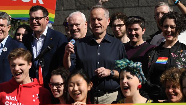 Federal Opposition leader Bill Shorten is seen at a marriage equality rally at RMIT in Melbourne, along with Victorian Premier Daniel Andrews. Picture: Julian Smith, AAP Image.