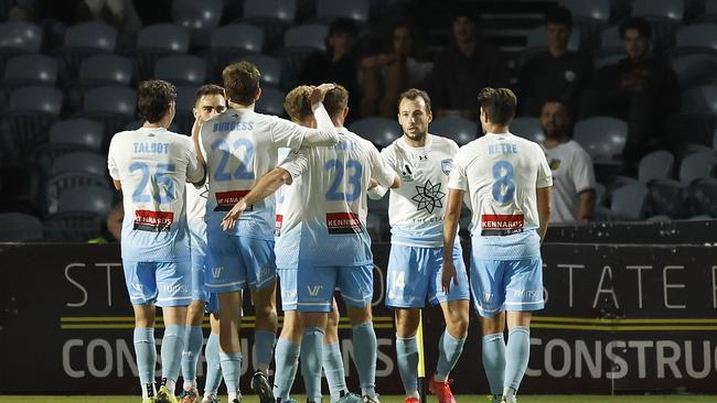 Sydney FC players celebrate one of Adam Le Fondre’s three goals in Gosford. Picture: Mark Evans/Getty Images