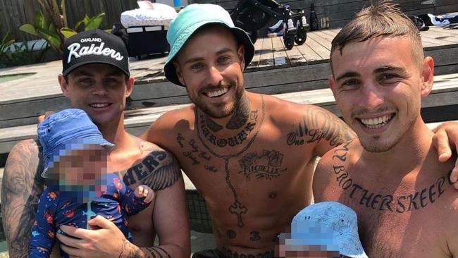 Tattoos with phrases such as “Bra Boys”, “My Brother’s Keeper” and “2035” – the Maroubra postcode – are common for longtime locals including former Bondi Rescue lifeguard Jesse Polock (left) and his mate Max Palmier (right). Picture: Supplied