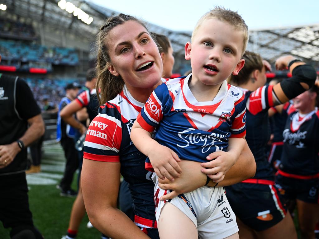 Jessica Sergis, with Sam Bremner’s son Reef. Picture: NRL Imagery