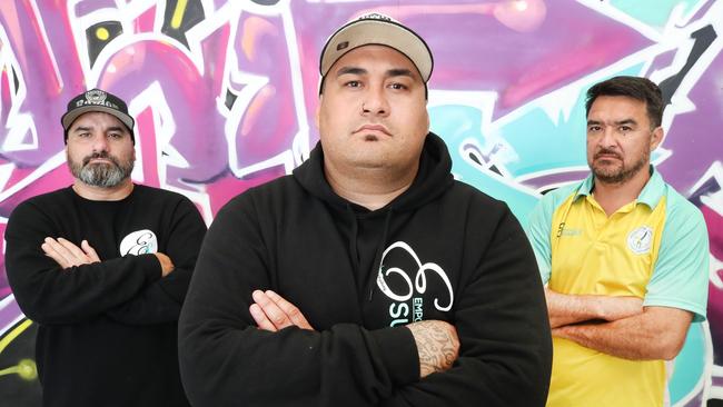 Esuarve founder Joseph Te Puni-Fromont with facilitators Steve Henry and Jeremy Rodgers at their Ormeau base. Picture: Glenn Hampson