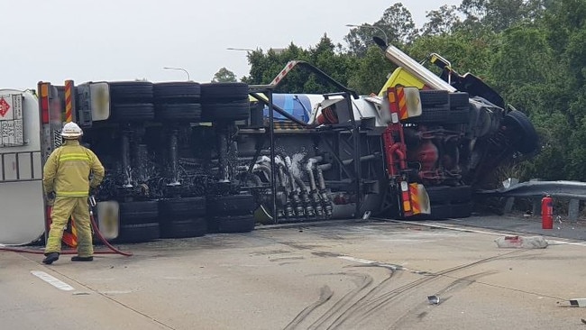 The fuel truck which rolled on the M1 at Helensvale. Photo: Queensland Police