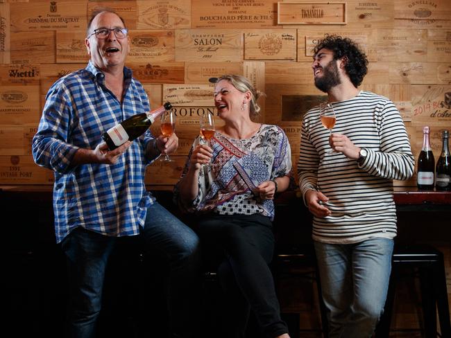 Michael Andrewartha, winemaker Kate Laurie and Mark Kamleh at East End Cellars. Picture: Matt Turner