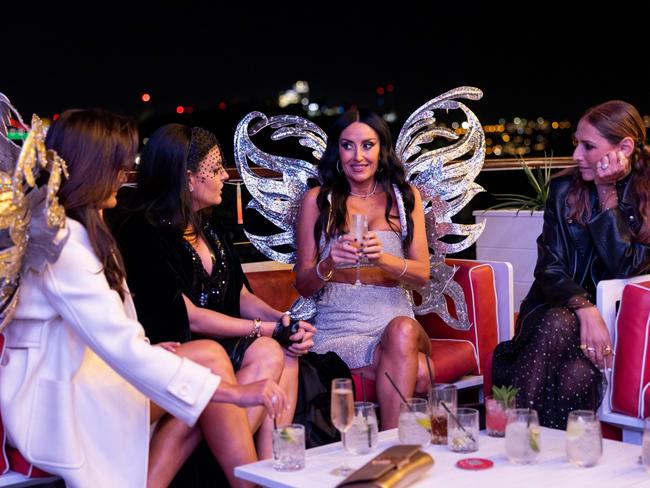 The Real Housewives of Sydney celebrate Kate Adam's 40th birthday with a festival-themed boat party, (from left) Krissy Marsh, Nicole O'Neil, Terry Biviano and Sally Obermeder. Picture: Binge