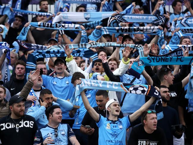 SYDNEY, AUSTRALIA - NOVEMBER 17: Sydney FC fans enjoy the atmosphere during the round 1 A-League match between Sydney FC and Melbourne Victory at Netstrata Jubilee Stadium on November 17, 2019 in Sydney, Australia. (Photo by Cameron Spencer/Getty Images)