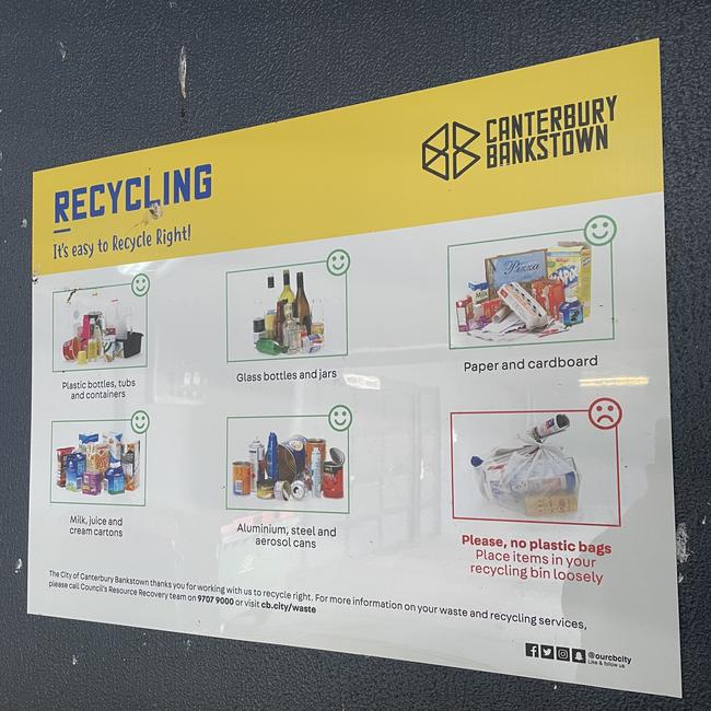 A recycling sign in the Canterbury-Bankstown council area. The council has come under fire after residents found their recycling bins were being mixed with general waste. Picture: Paul Brescia