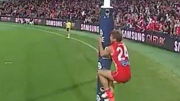 Dane Rampe was issued with a “please explain” for jumping on the goalpost even though he wasn’t penalised on the night.