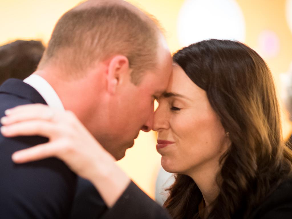 Prince William is greeted with a Hongi, a traditional Maori greeting, by Prime Minister Jacinda Ardern. Picture: Mark Tantrum/The New Zealand Government via Getty Images