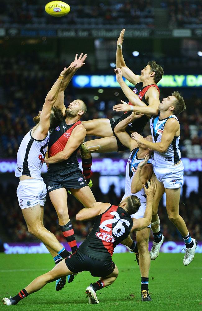 Joe Daniher of the Bombers flys high.