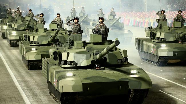 North Korea often rolls out flashy military hardware at garish parades, from new tanks to artillery rockets and drones. But that advanced gear is likely not integrated at the troop level. Picture: Korean Central News Agency/AFP