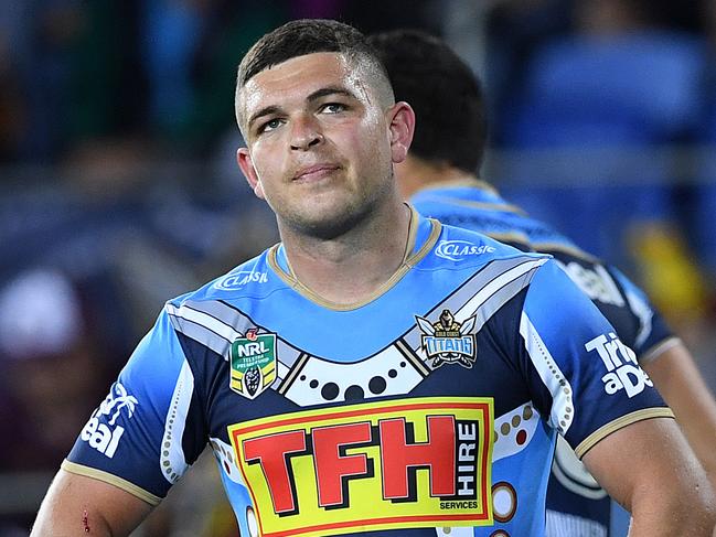 Ashley Taylor of the Titans reacts following the Round 17 NRL match between the Gold Coast Titans and the Brisbane Broncos at Cbus Super Stadium in Robina on the Gold Coast. Sunday, July 8, 2018. (AAP Image/Dave Hunt) NO ARCHIVING, EDITORIAL USE ONLY