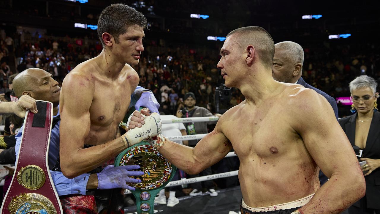 WBO junior middleweight champion Sebastian Fundora shakes hands with Tim Tszyu after taking the belt. Picture: No Limit Boxing