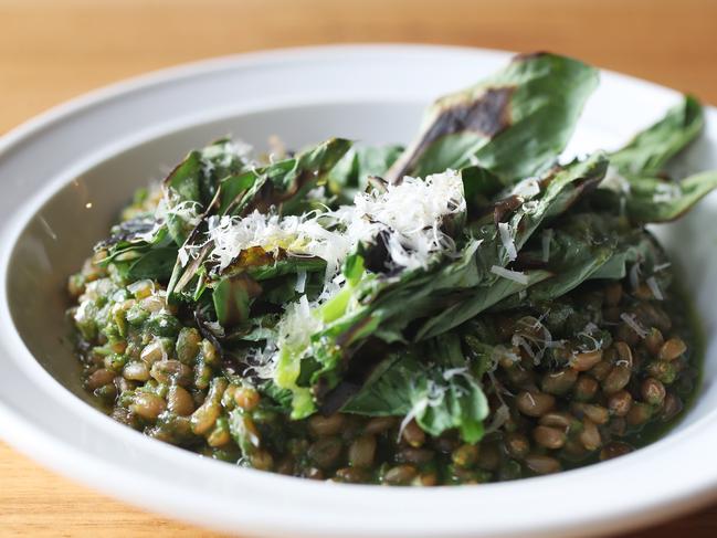 Braised Kindred spelt with nettle sauce and ricotta salata. Picture: NIKKI DAVIS-JONES