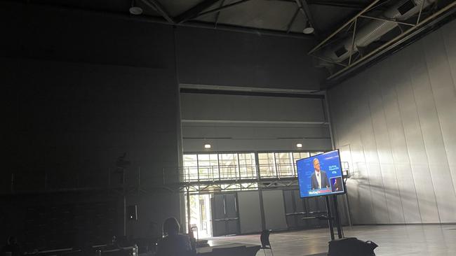 The lights go out at the ALP national conference's media centre on Thursday morning, during Queensland Premier Annastacia Palaszczuk's speech. Picture: Greg Brown