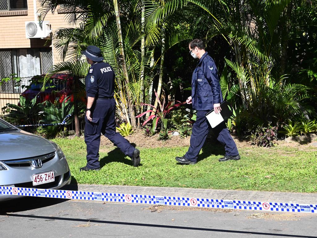 Police officers exit the home of Australian boxing heavyweight champion Justis Huni which was hit by five bullets in the early hours of Thursday morning.Picture: NCA NewsWire / Dan Peled