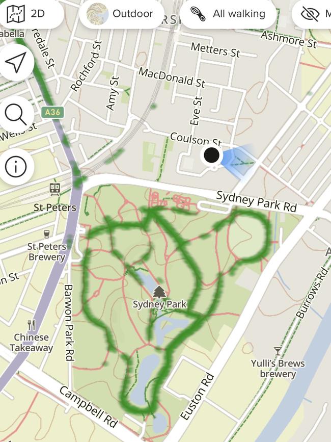 Walking heat map at a Sydney park used for exercise in lockdown.