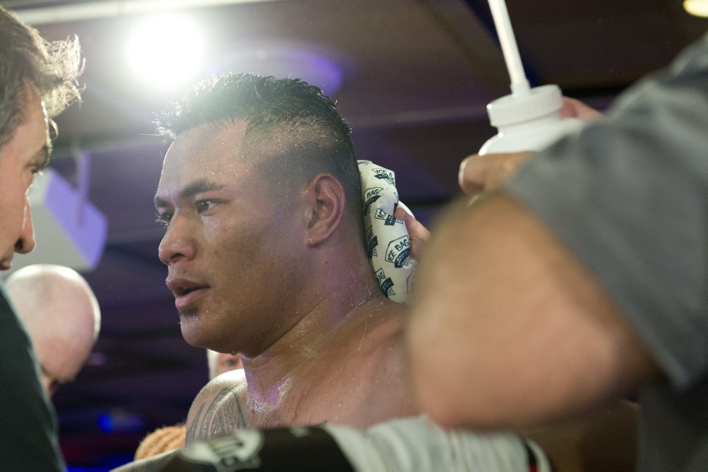 Herman Ene-Purcell fights Justin Whitehead in an Australian heavyweight title eliminator at Smithy and TGW Bring The Big Fights 14 at Rumours International, Saturday, October 22, 2016. Picture: Kevin Farmer