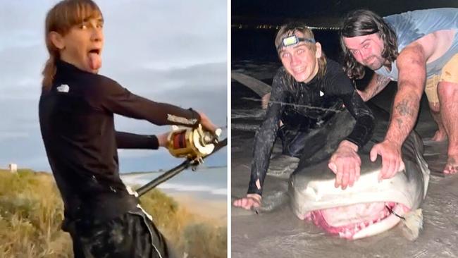 A huge tiger shark has been reeled in at a WA beach. Picture: TikTok.