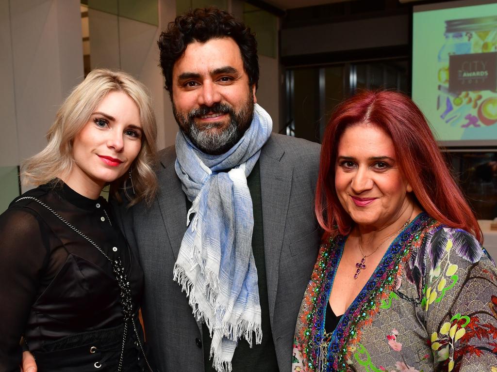 Sam James, Joe Cimmino and Ida Tirimacco at The City Awards 2017 at Keith Murdoch House in Adelaide. Picture: Keryn Stevens