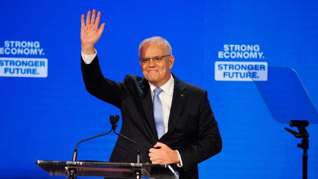 Scott Morrison acknowledges the party faithful at the campaign launch in Brisbane. Picture: Jason Edwards